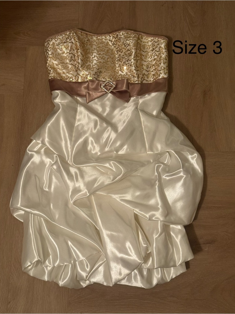 Ivory Satin Party Dress with Gold Sequin Bodice and Rose Gold Bow